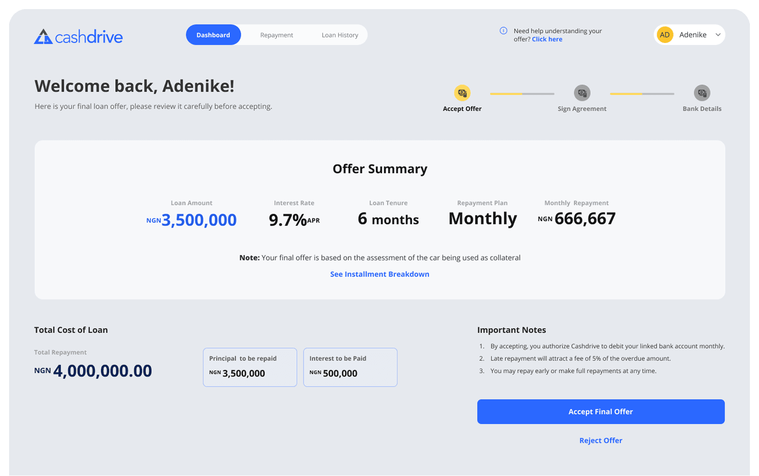 CashDrive customer dashboard